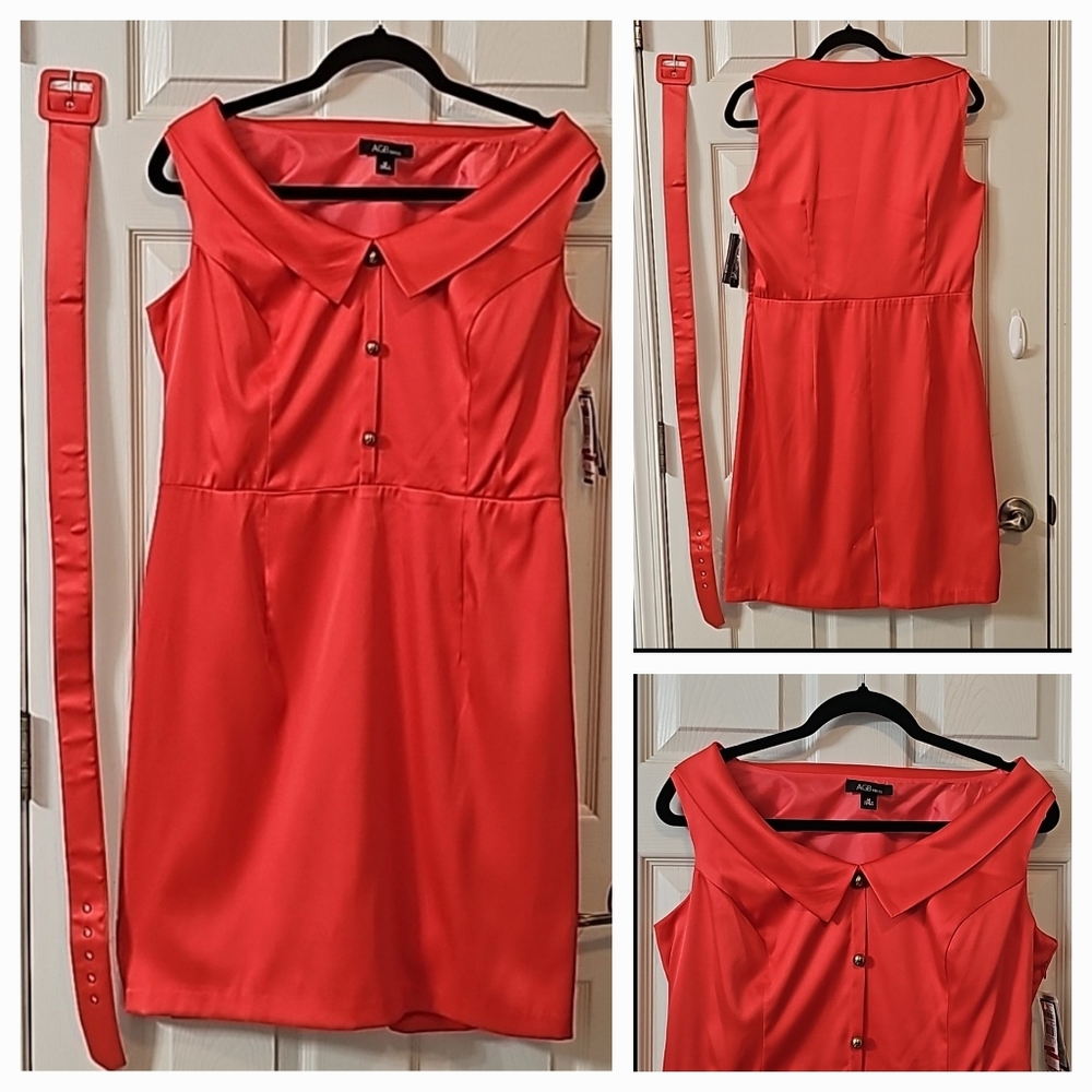 ABG DRESS Coral Sleeveless Belted Dress Career Office Cocktail Party